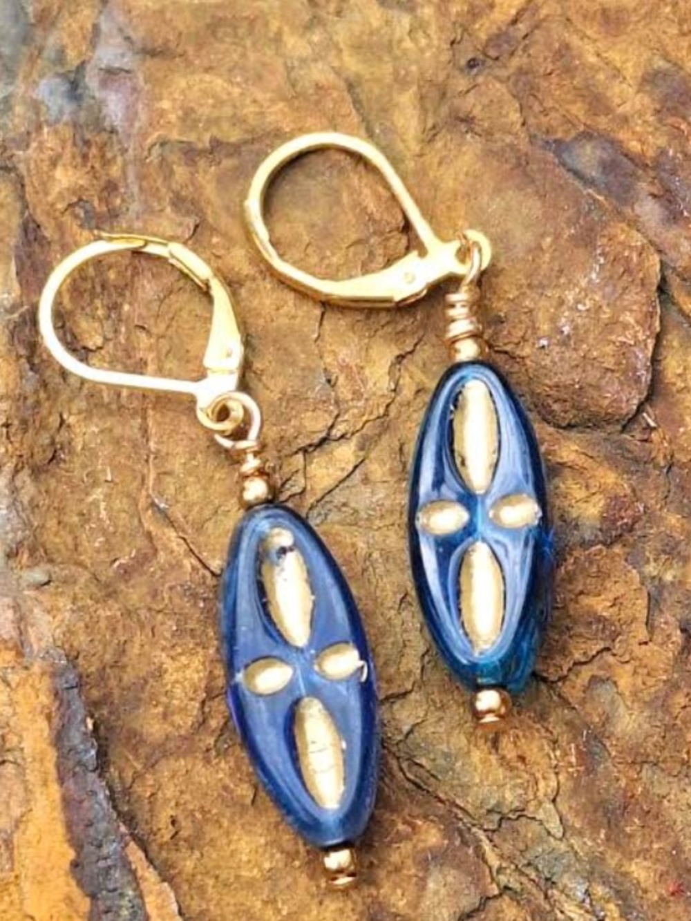 Handmade Blue and Gold Czech Glass Bead Earrings, NWT